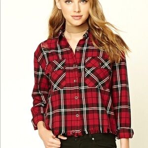 FOREVER 21 fringe flannel red plaid shirt women's size L